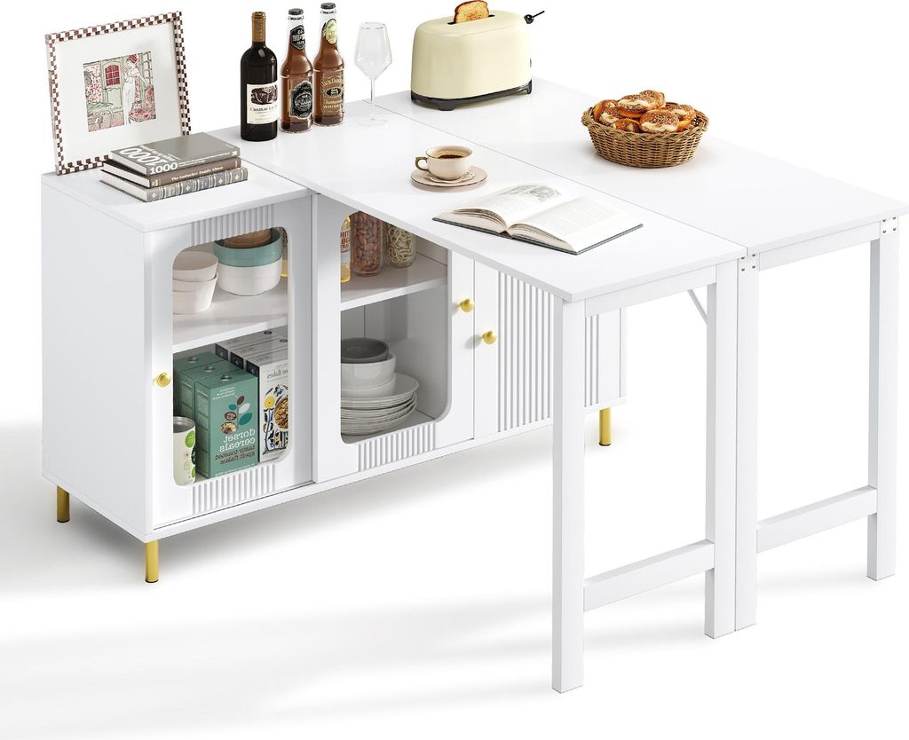 Fortuna Lai Moderner weißer Buffet-Sideboard mit klappbarer und ausziehbarer Tischplatte, drehbarer Oberfläche, goldenen Metallbeinen, Glasschieb...