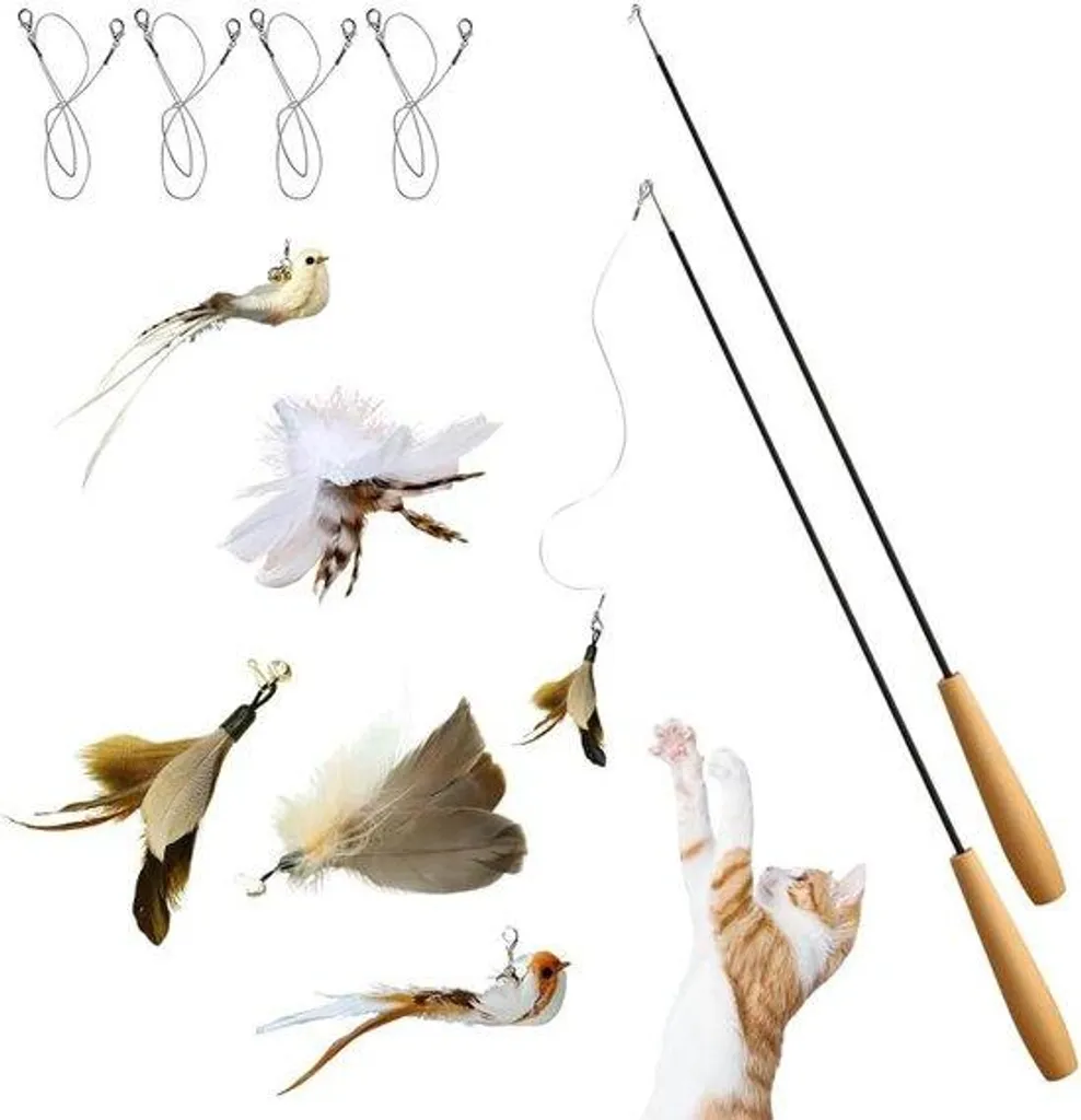 Jouet chat avec 5 accessoires plumes et oiseaux, tige flexible de 97 cm