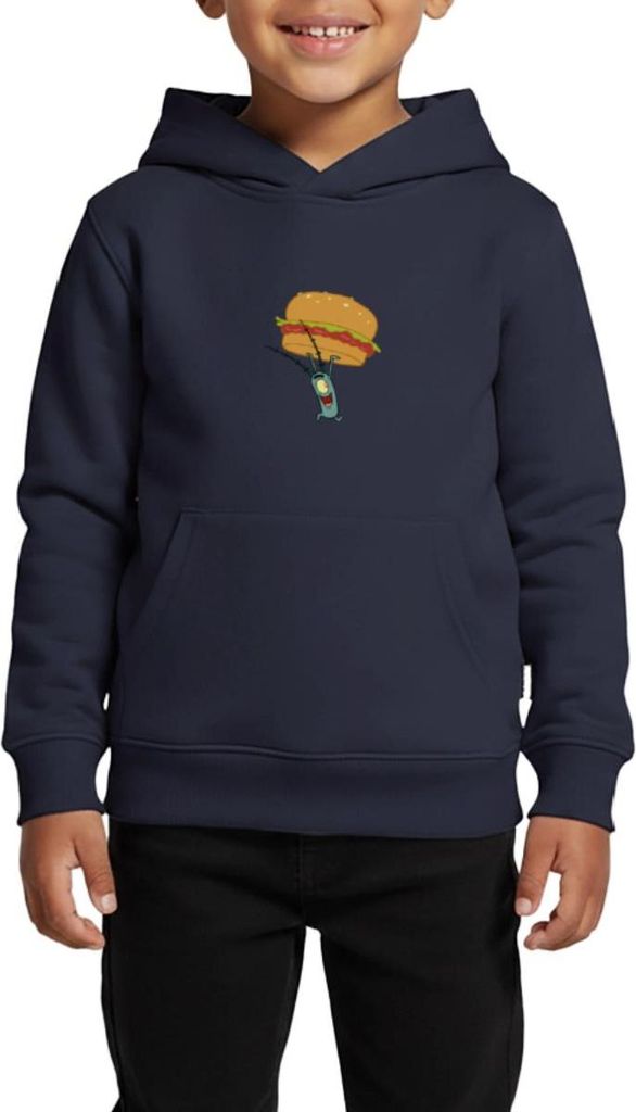 Spreadshirt Spongebob Schwammkopf Plankton Mit Hamburger Kinder Premium Hoodie, 134/140 (8 Jahre), Navy