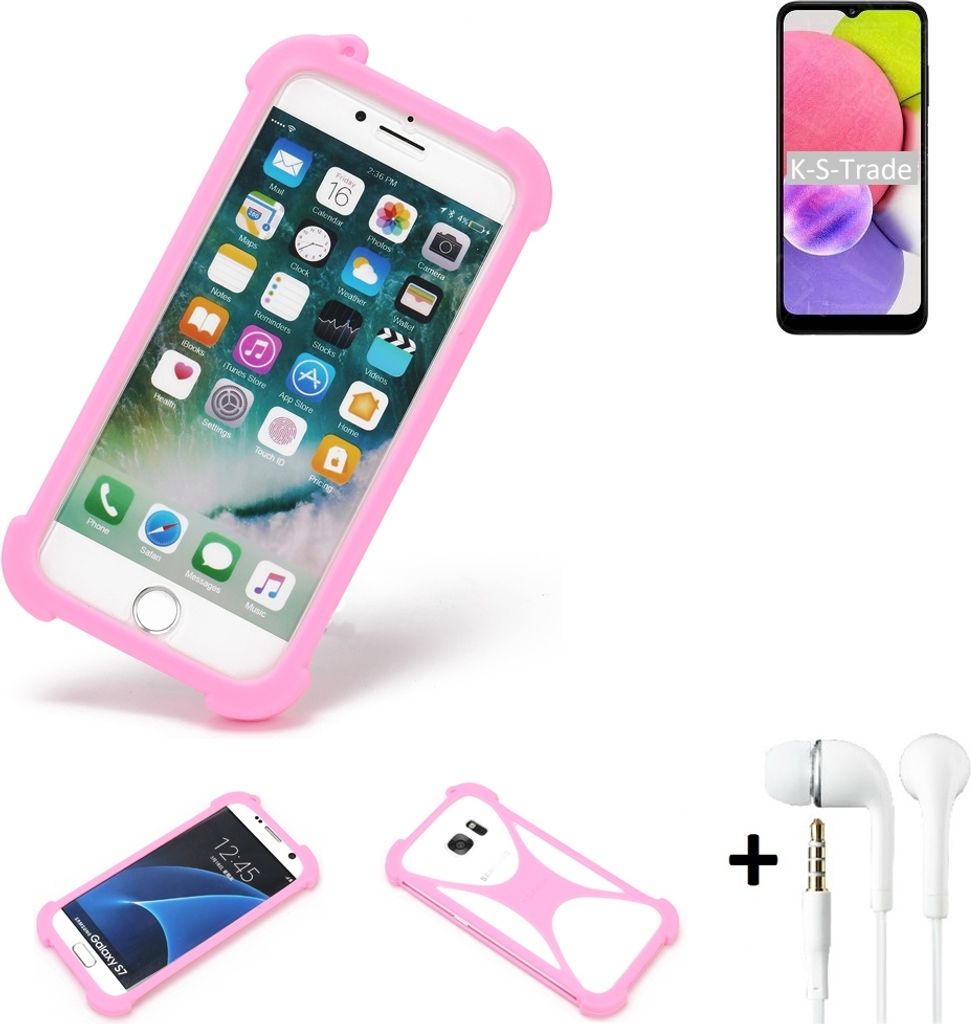 K-S-Trade Bumper + Kopfhörer kompatibel mit Samsung Galaxy A03 Handy Hülle Schutzhülle Silikon Schutz Hülle Cover Case Silikoncase Silikonbumper