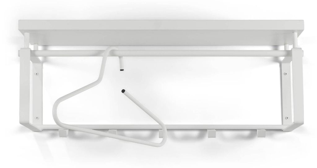 Wandgarderobe REX 3 Weiß mit Hutablage und fünf Haken in Draufsicht auf weißem Metallgestell.