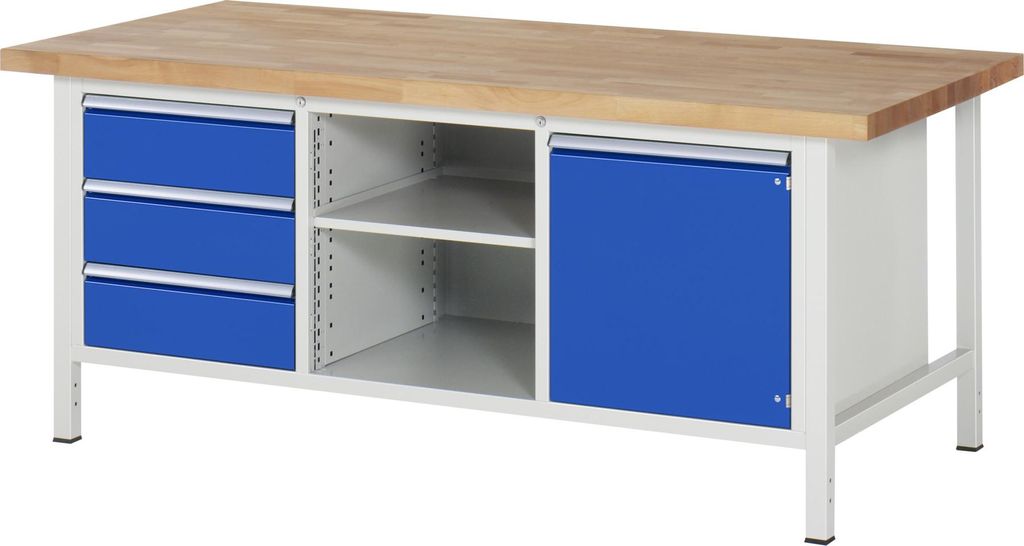 Werkbank mit 2 Ablageböden - Schrank - 3 Schubladen - Teilauszug - 180:3 - 840 x 2.000 x 900 mm (HxBxT) - Traglast 1.250 kg - Buche