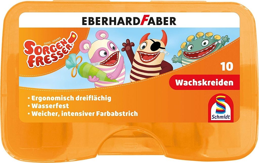 Schmidt Spiele Sorgenfresser Wachsmalkreide, Stifte, 10 Stück, Dreiflächig, Wasserfest in Kunststoffbox, 46305