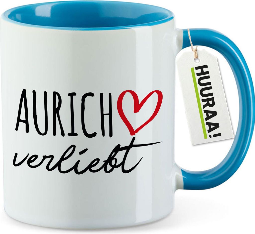 Huuraa Kaffeetasse Aurich verliebt 330ml Blau Keramik Kaffeebecher Geschenkidee