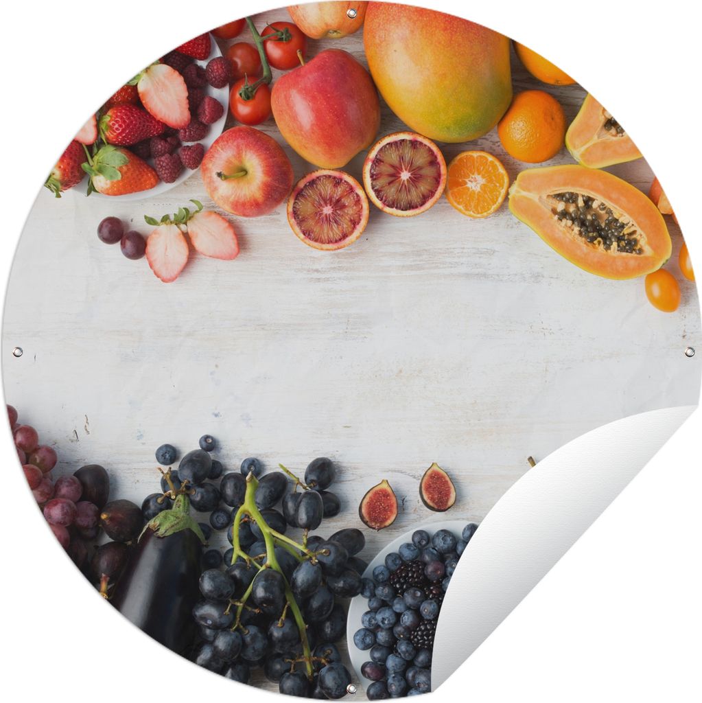MuchoWow Gartenposter Outdoor-Poster Rund Obst - Regenbogen - Erdbeere - Weintrauben - Papaya Ø 150 cm Gartendeko Rundes Poster draußen