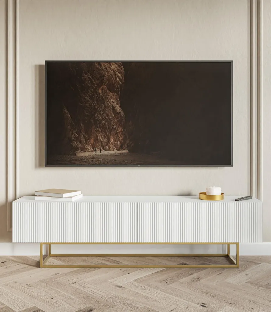 Selsey VELDIO Armoire TV Blanc 175 cm avec Pieds en Métal Doré Chic