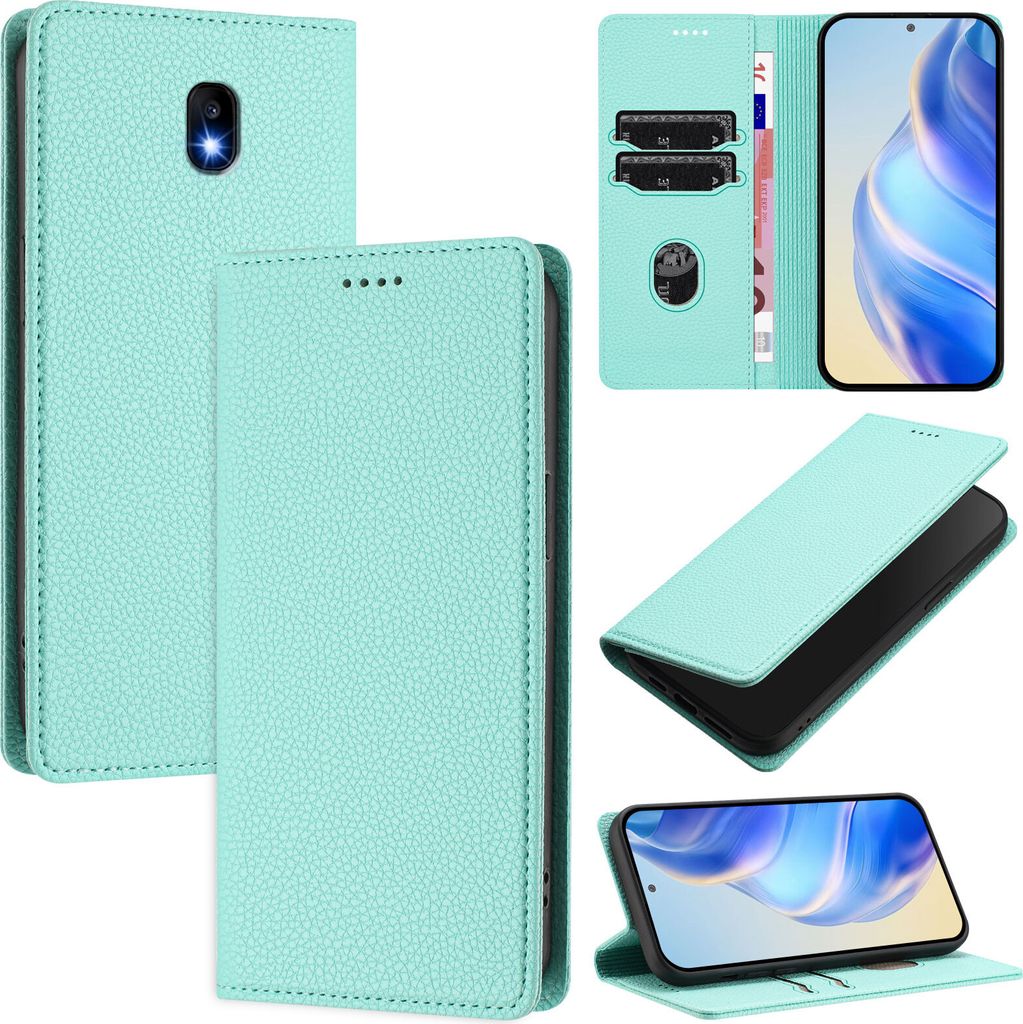 Litchi Leder Handyhülle für Samsung Galaxy J7 2017 / J7 Pro 2017 Wallet Kartenfächer Standfunktion Hülle Türkis