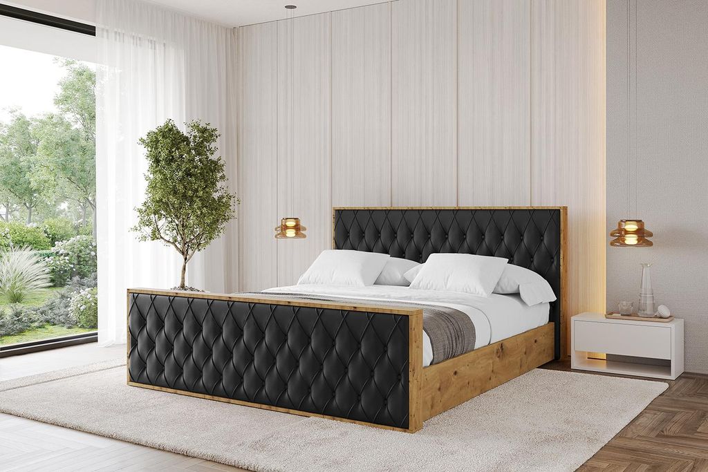 ALTDECOR Polsterbett mit Bettkasten - ENZO5-Z - 140x200 Schwarz Kunstleder- Bett mit Kopfteil und Fußteil, Boxbett ohne Matratze, Doppelbett mit S...
