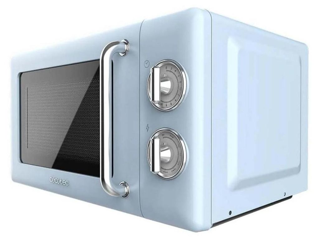 A close-up, studio shot of a light blue retro-style microwave.