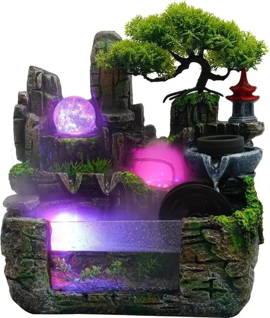 Fontaine zen robuste en résine rocheuse et brumisateur ultrasonique