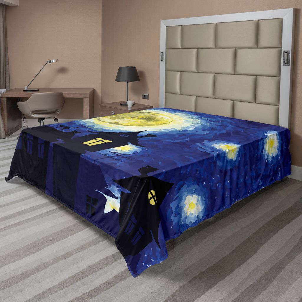 ABAKUHAUS Mond Bettlaken, Künstlerische Hand gezeichnet Zusammensetzung mit Landhäuser und Vollmond-Motiven, weiches bequemes oberes Bettlaken f...