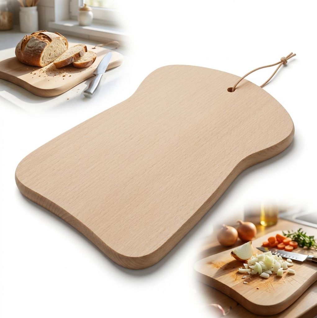 Holzbrett für Brot mit Lederriemen, Buche 28 x 19 cm