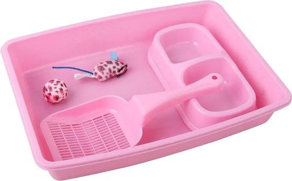 Ensemble accessoires chat : bac à litière et set de jeux rose 36 cm
