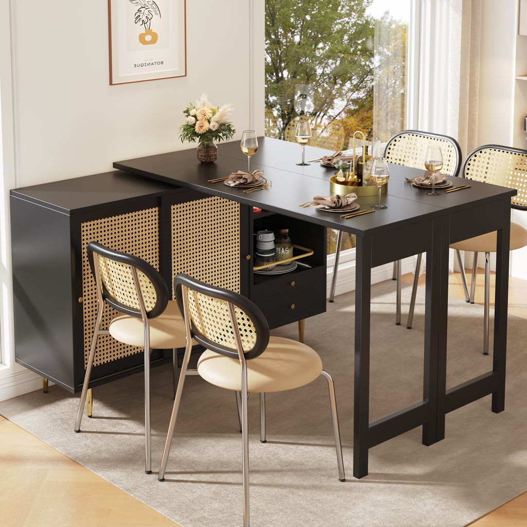 Flieks Bartisch 360°drehbar mit Rattan-Schiebetür, Stehtisch mit klappbare Tischplatte, Sideboard Essbar 120-187x40-80x76 cm, schwarz