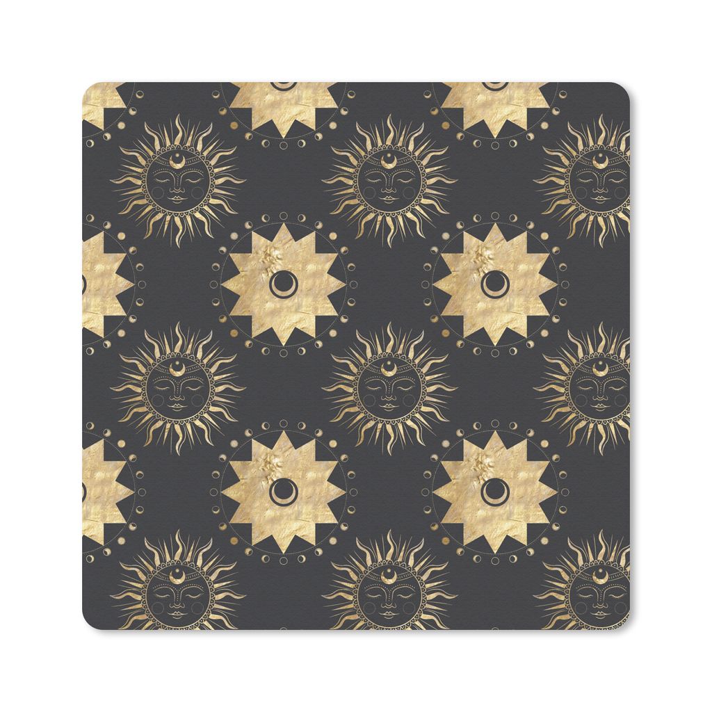 MuchoWow Mauspad Mousepad Muster - Sonne - Sterne - Gold 20x20 cm - Mousepads - Maus Mat - Pad - Mausunterlage - Desk Mat - Bureauartikeln
