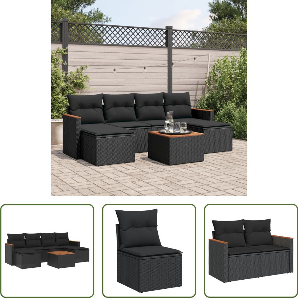 The Living Store 7-tlg. Garten-Sofagarnitur mit Kissen Schwarz Poly Rattan