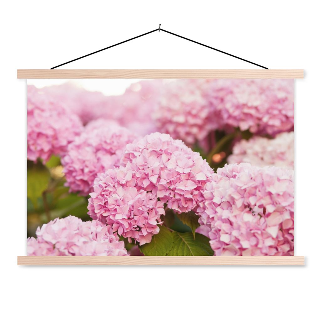 MuchoWow Textilposter Busch - Blumen - Rosa - Hortensie 120x80 cm mit holzfarbenen Rahmen - Aufhängeset