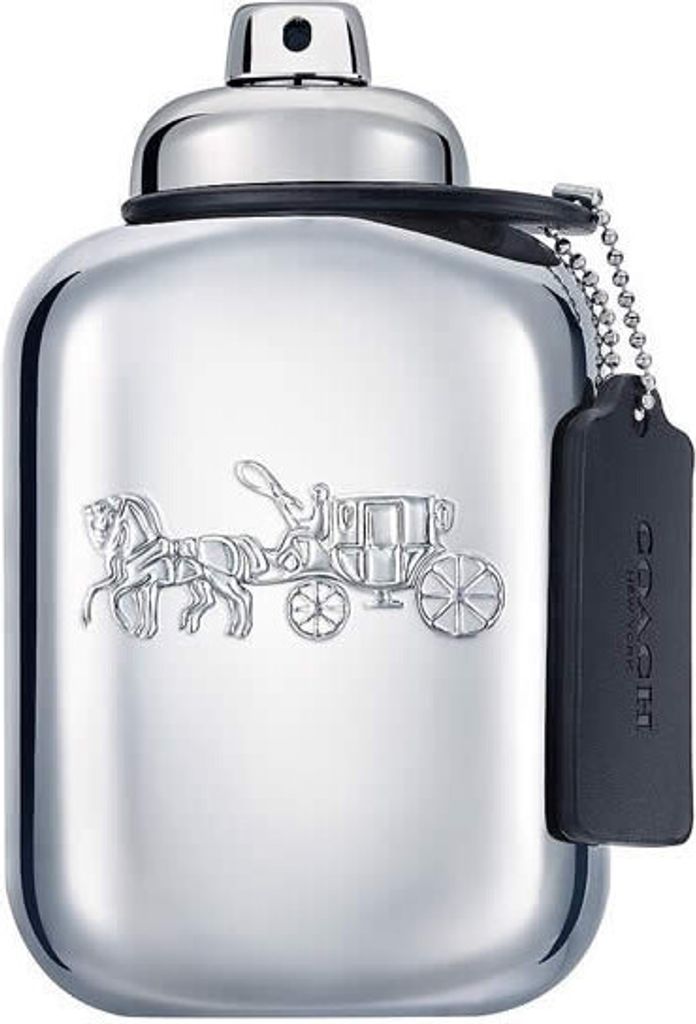 A silver perfume bottle with a black tag hanging from it.