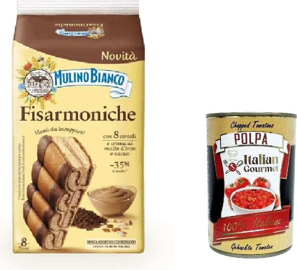 3x Mulino Bianco fisarmoniche, Natürlich gefüllte Sahnungsnack mit Gerstenmalzcreme und Kakao 264g + Italian Gourmet polpa 400g
