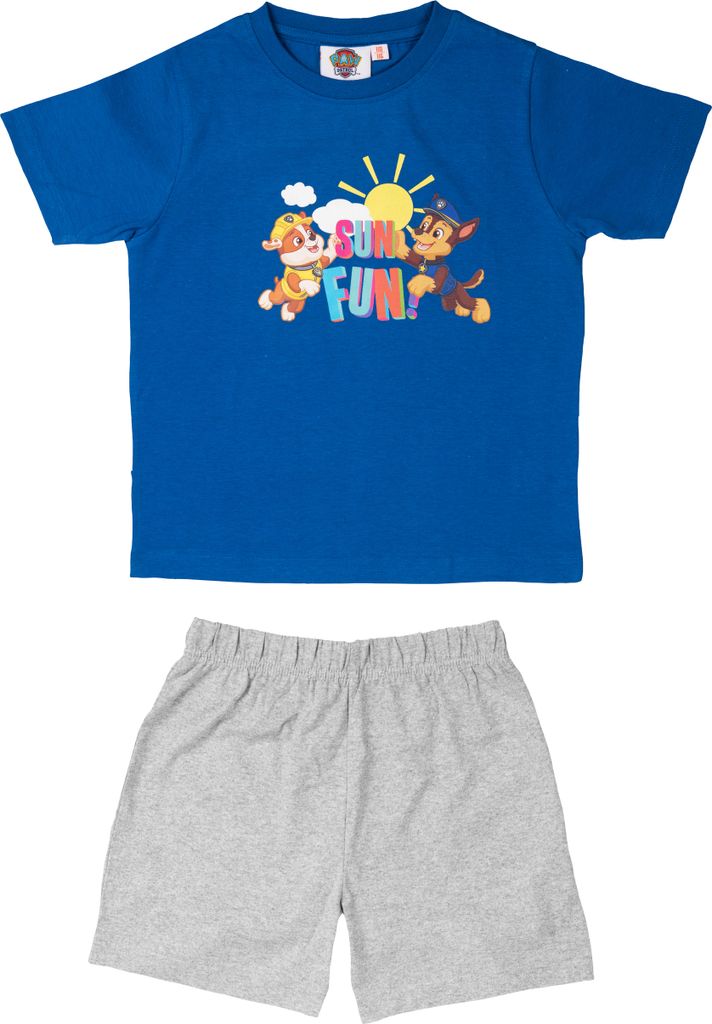 Paw Patrol Schlafanzug für Jungen - Sun Fun Kinder Pyjama Set Kurzarm Oberteil mit Hose Blau/Grau 110-116