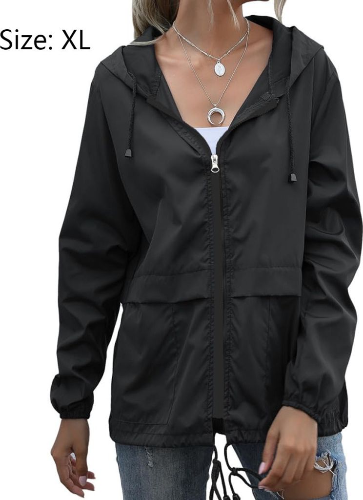 Damen Wasserdicht Leicht Regenjacke Atmungsaktiv Faltbar Windbreaker Softshelljacke Fahrradjacke mit Taschen, schwarz, XL