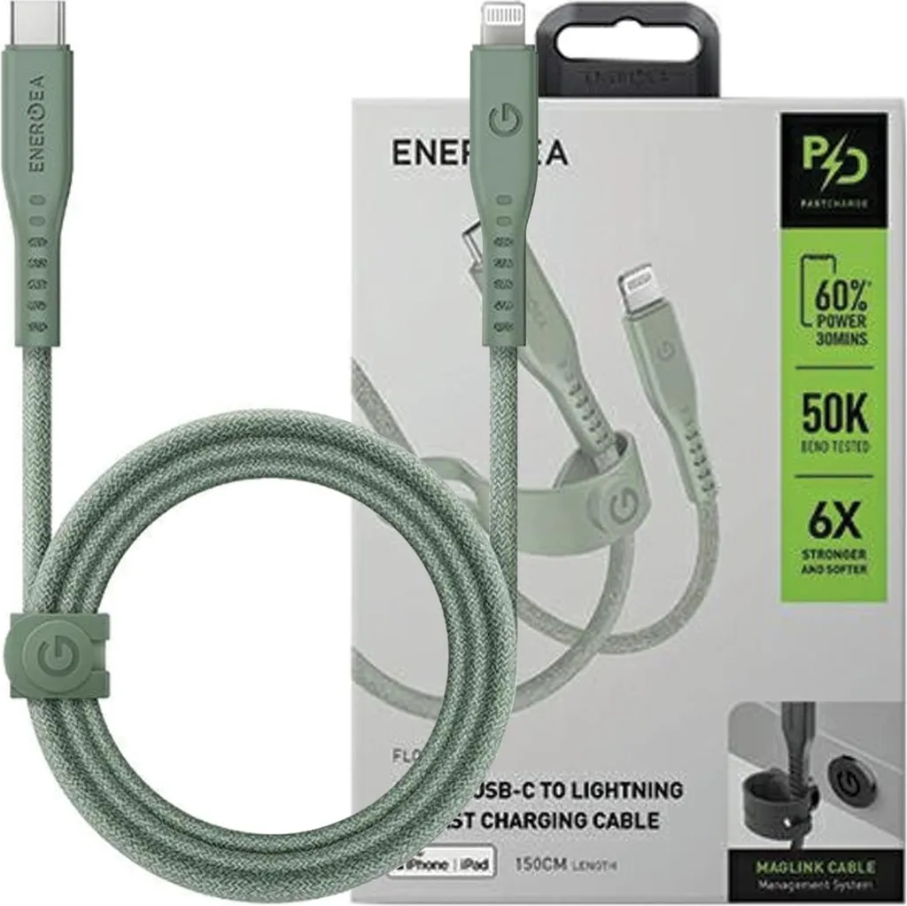 Energea Kabel Flow Usb-C - Lightningc94 Mfi 1,5M Zielony/Verde 60W 3A Pd Carica rapida