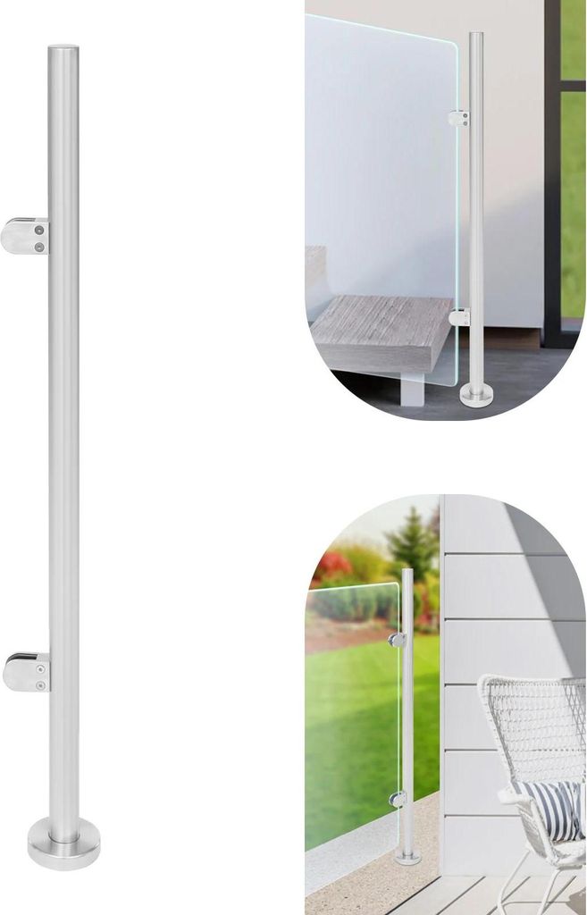 Glasgeländer Balkon/Pool - Glas-Klemmpfosten - Edelstahl 316 - Höhe 110 cm - Für 12 mm Glas - Max. Traglast 80 kg - Silber