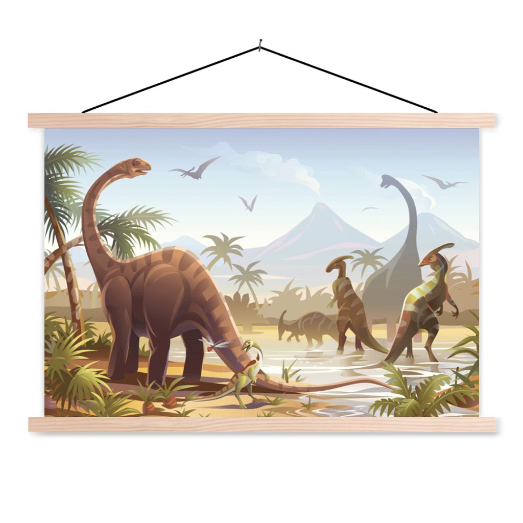 MuchoWow Textilposter Dinosaurier - Landschaft - Tropisch - Kinder - Jungen 60x40 cm mit holzfarbenen Rahmen - Bilder