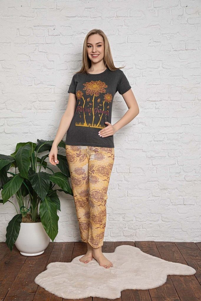 Damen Pyjama Schlafanzug Grau XXL Kurz 2-Teiler Set A-86