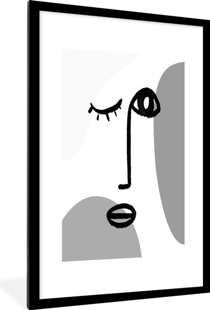 MuchoWow Gerahmtes Poster Gesicht - Schwarz - Weiß 60x90 cm - Poster mit Schwarzem Bilderrahmen Wandposter Rahmen Foto Bilder - Dekoration - Wan...