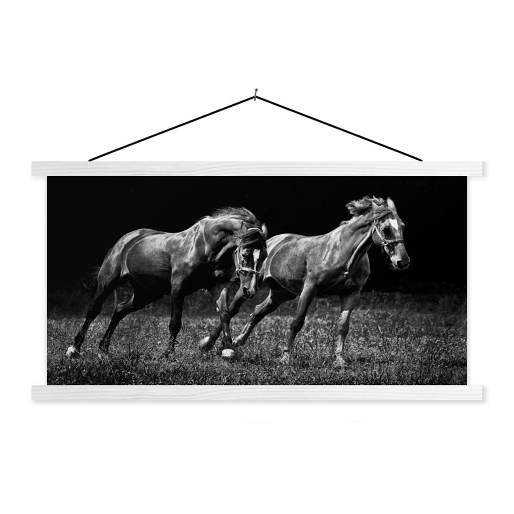 MuchoWow Textilposter Pferde - Gras - Schwarz - Weiß 120x80 cm mit holzfarbenen Rahmen - Aufhängeset
