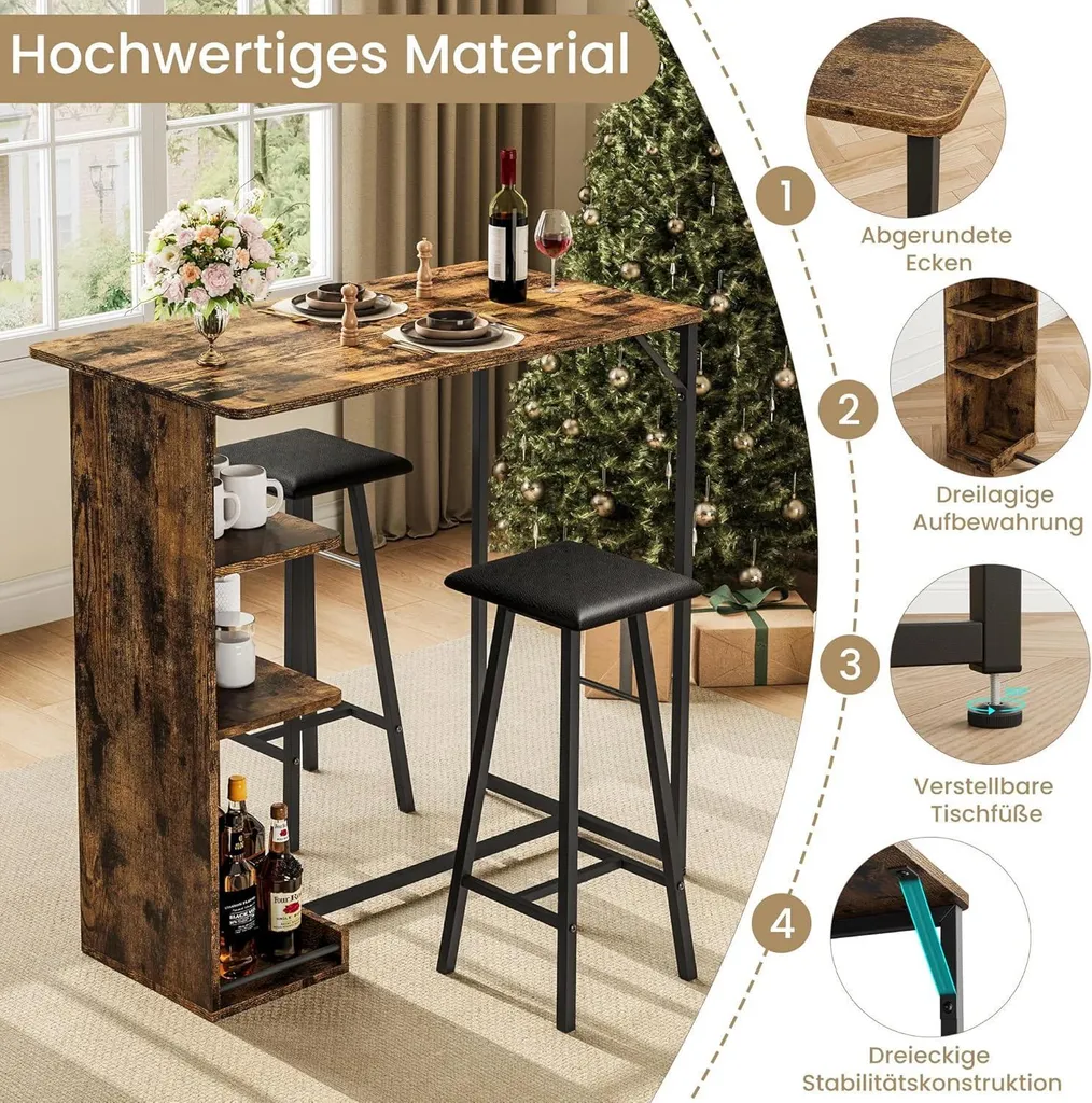 Table haute avec rangement et tabourets en PU vert - Ensemble 3 pcs - 4