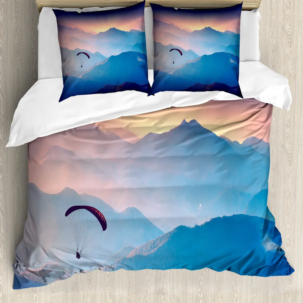 ABAKUHAUS Copripiumino sportivo, Paraglide Sun Mountains, antiacaro, adatto a chi soffre di allergie, con federe, 200 cm x 200 cm - 80 x 80 cm, blu rosa
