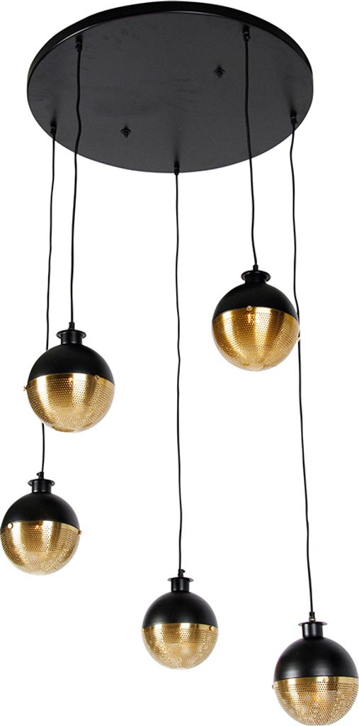 QAZQA - Industrie I Vintage I Industrie I Vintage I Hängelampe I Pendellampe I Pendelleuchte schwarz mit Messing 5-flammig Lichter - Haicha I Wohn...