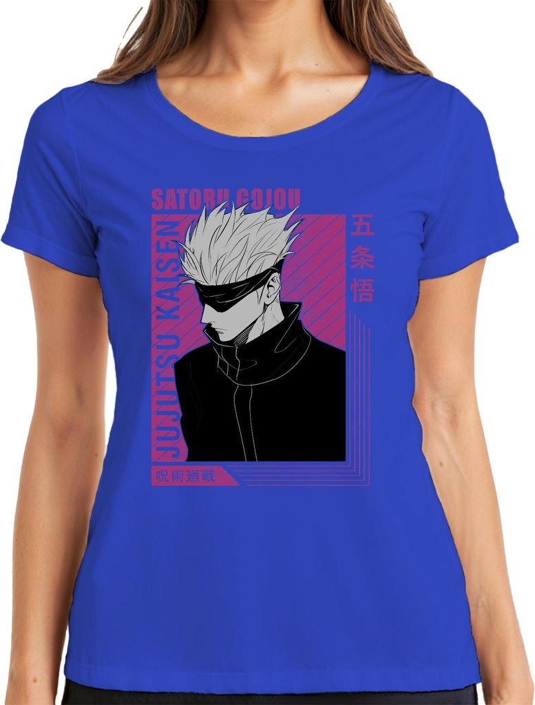 Satoru Gojo Jujutsu Kaisen weiße Haare Augenbinde Fan Geschenk Damen T-Shirt, Blau, M