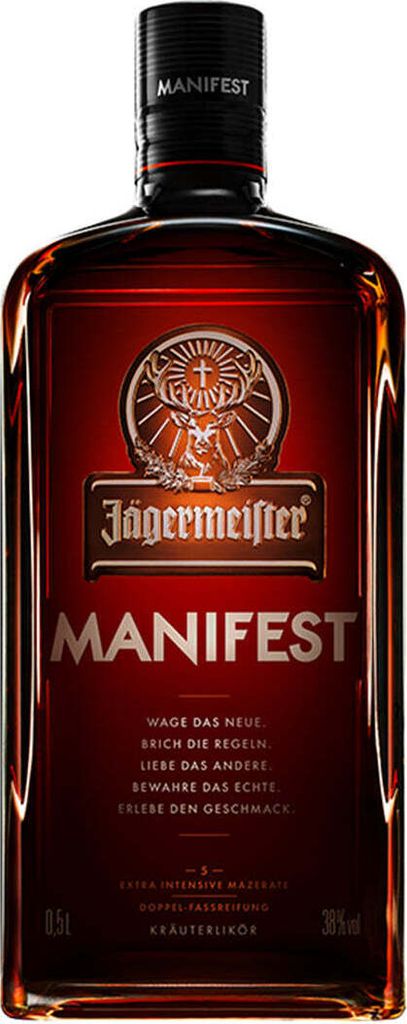A product shot of a bottle of Jägermeister Manifest.