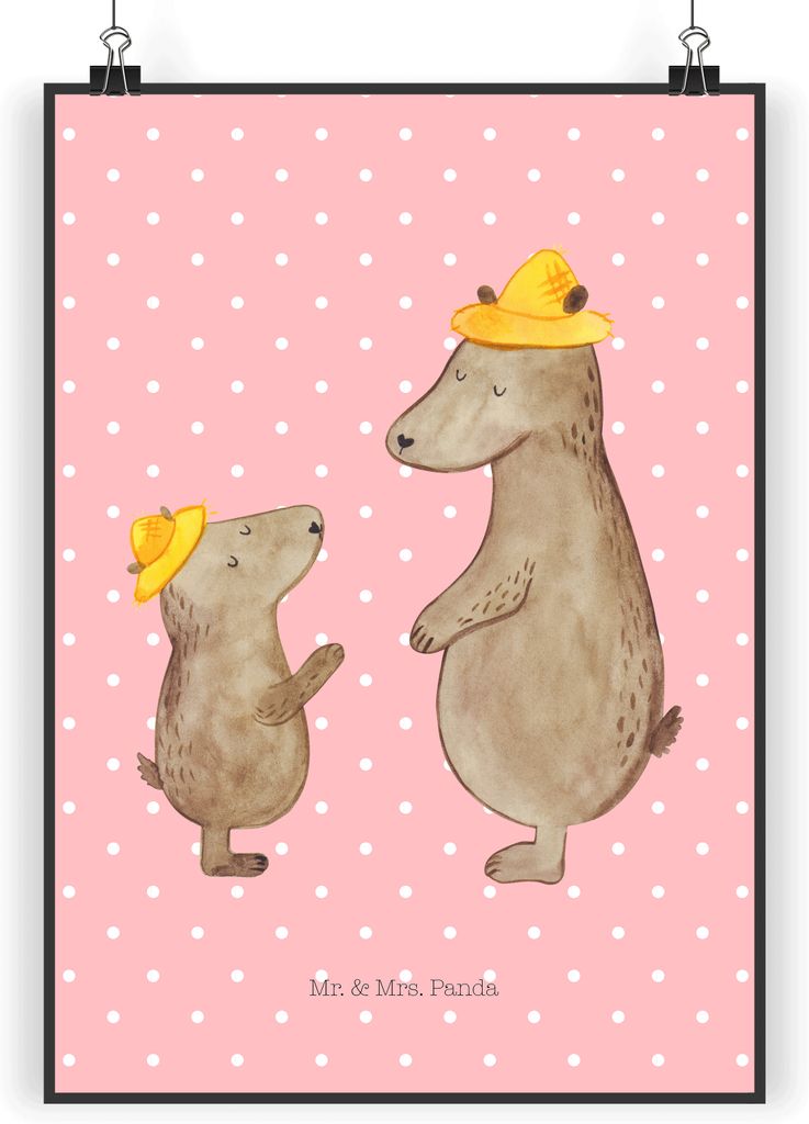 Mr. & Mrs. Panda Bild Bären mit Hut DIN A5 - Rot Pastell - Geschenk, Kinder, Plakat, Bär, Wandbild, wanddeko, Vorbild, Vatertag, drucke, Mutterta...