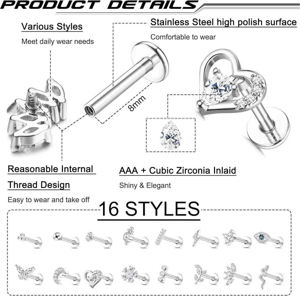 Yolev Set Di 8 Piercing Helix E Tragus In Acciaio Medicale 16g | Con Opale E Zirconi, A Forma Di Foglia E Fiore, Per Donna - 4
