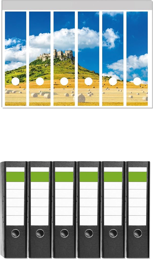 Wallario 6 Stück breite Ordner inkl. Klebeetiketten mit Motive Alte Burg über Feldern - Set mit Rückenschildern / Ordnerrücken Stickern