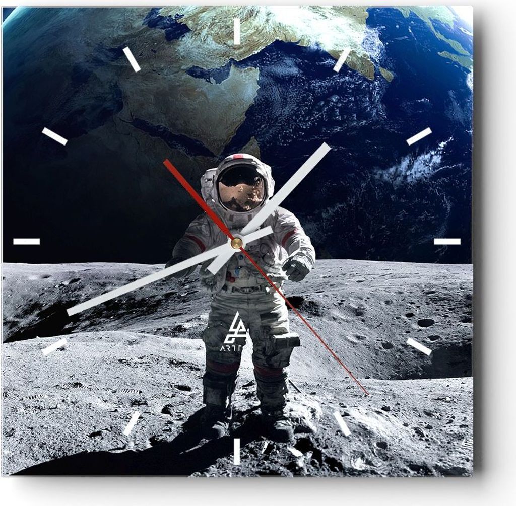 Wanduhr - Quadrat - Glasuhr - Astronaut Mond Erde Raum - 40x40cm - Schleichendes Uhrwerk - Lautlos - zum Aufhängen bereit - Dekoration Modern - Wa...