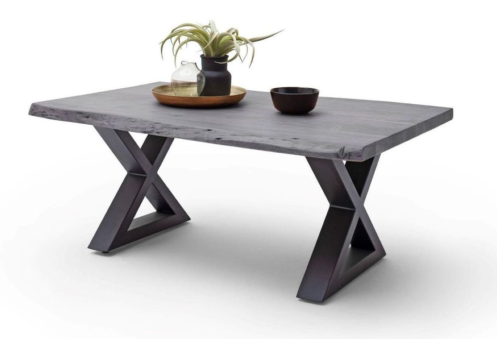 Couchtisch Baumkantentisch Akazie-massiv X-Form rechteckig grau lackiert 110 cm