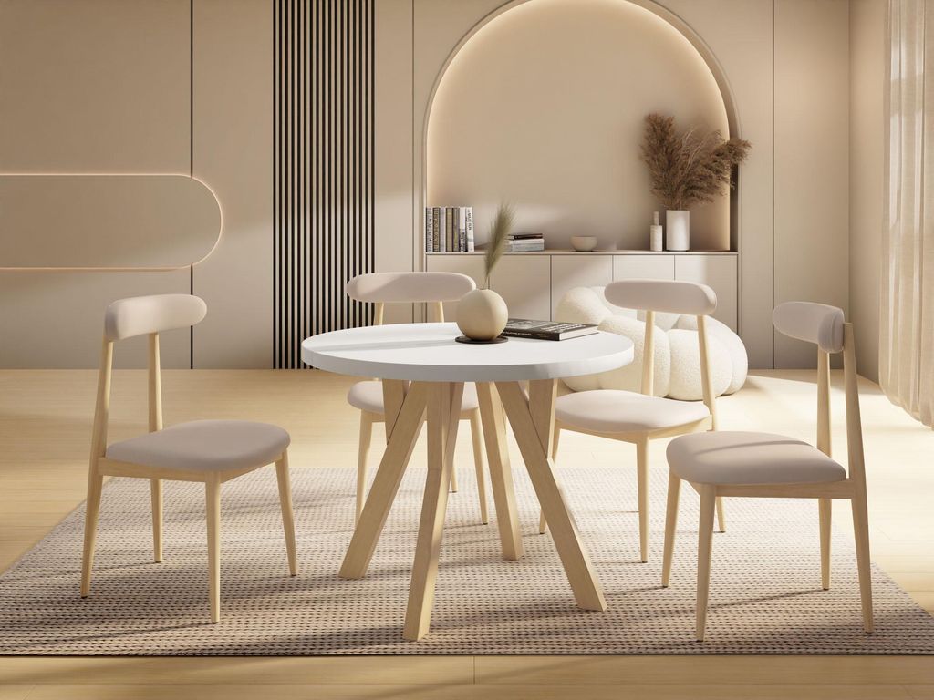 Runder Ausziehbarer Esstisch im Loft-Stil – Industrieller Tisch mit Holzbeinen – Platzsparender Tisch für Wohnzimmer – Weiß – 100 bis 140 cm