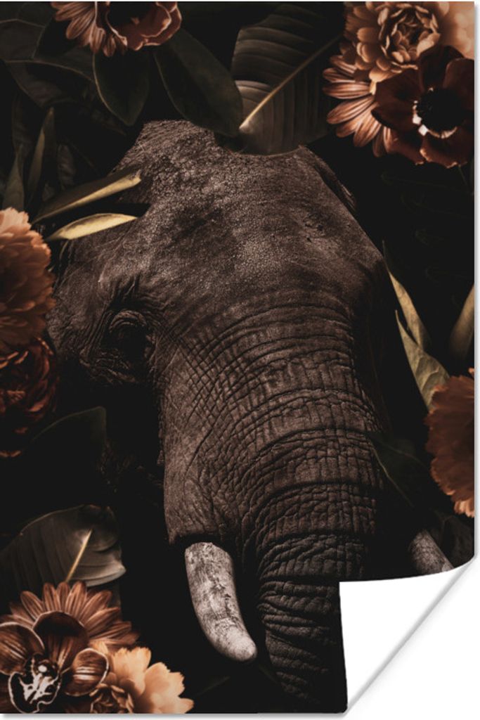 MuchoWow Poster Elefant - Blumen - Dschungel 40x60 cm - Plakate für die Wand - Poster Babyzimmer