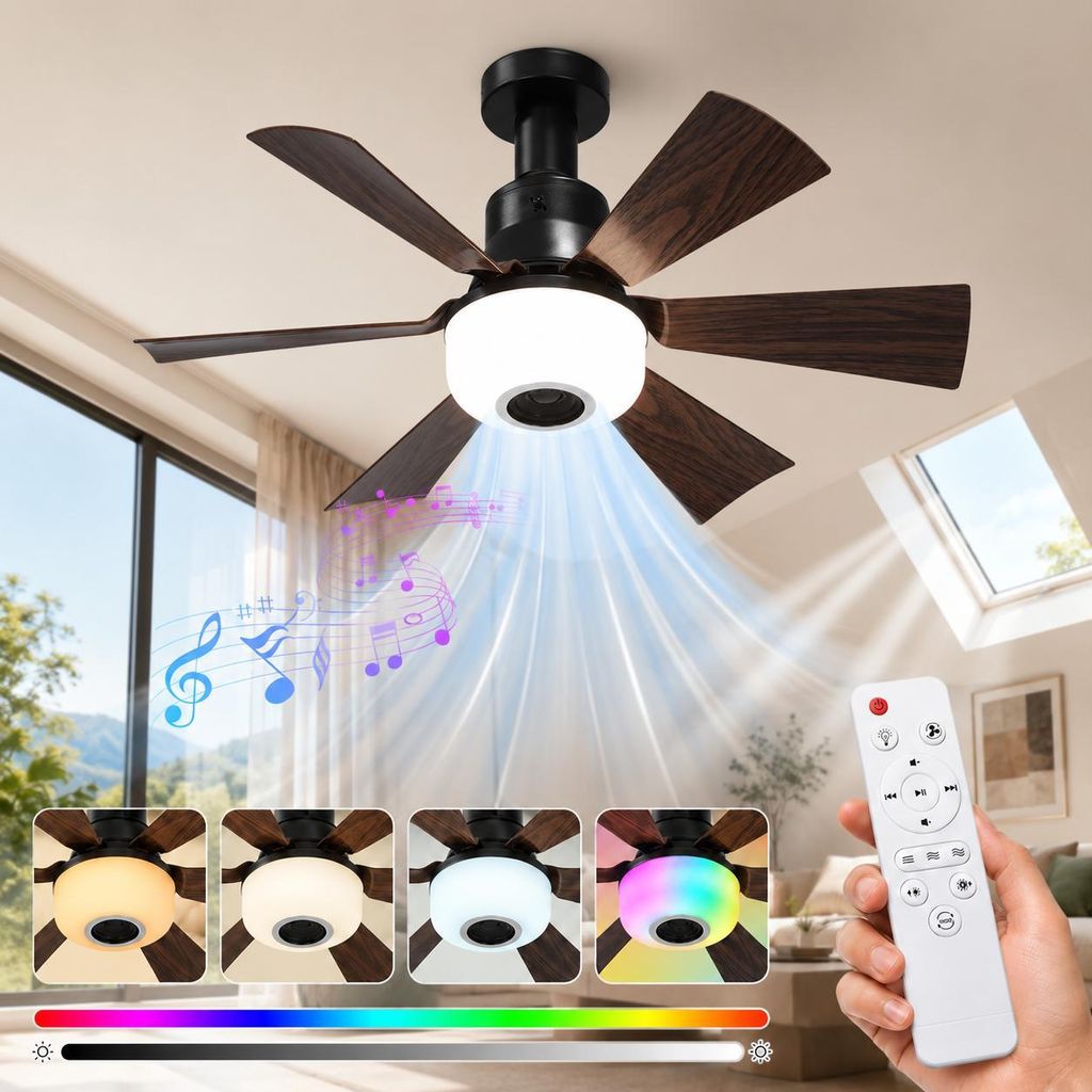 Ventilateur de plafond LED 52 cm avec éclairage E27 RGB et Image du produit  Image générée par une IA