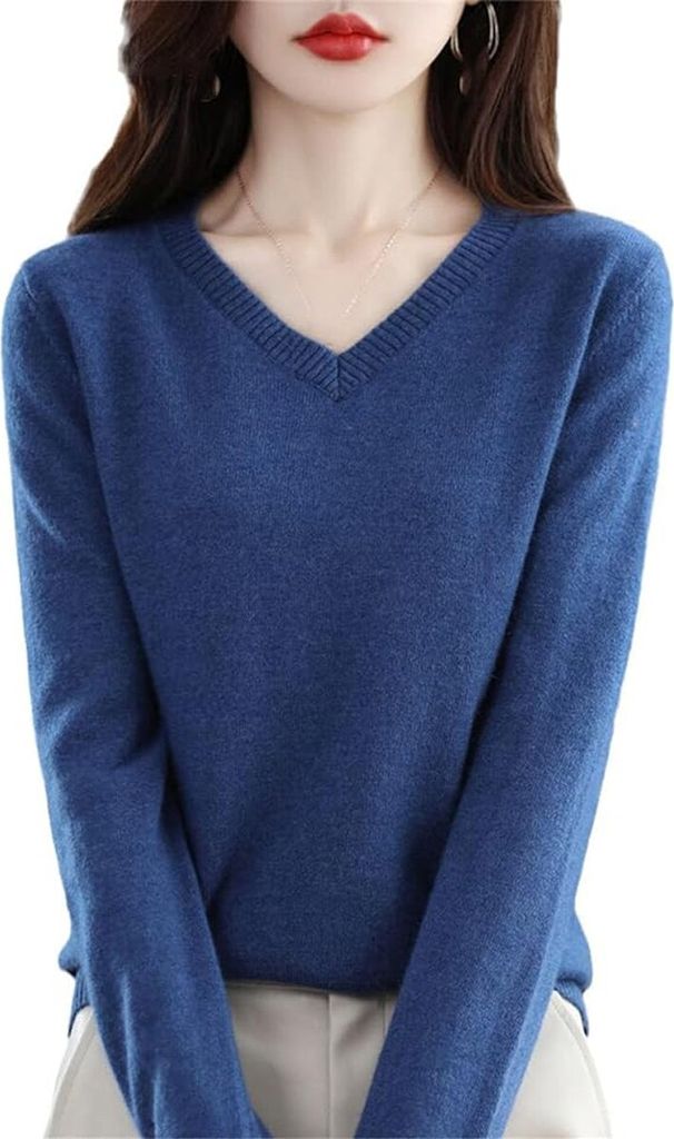 ASKSA Damen Wolle V-Ausschnitt Pullover Leicht Sweater Elegant Strickpullover Slim Fit Warm Pulli Basic Sweatshirt, Blau, XL