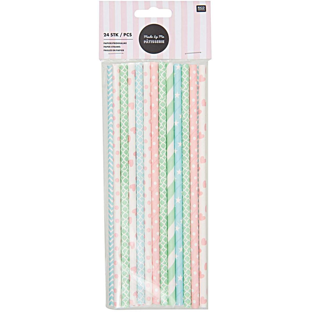 Papierstrohhalme, Pink/Blau/Grün pastel 24 Stück