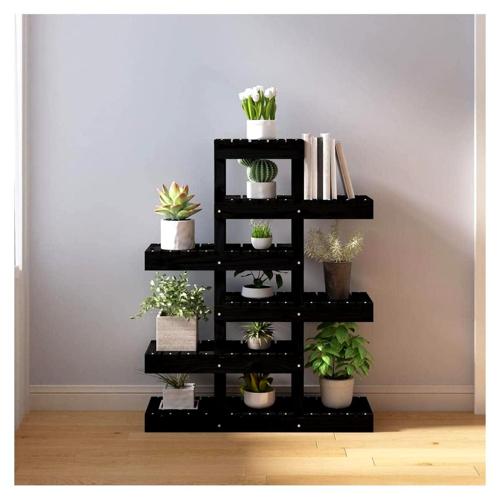 Pflanzenständer aus massivem Kiefernholz, schwarz, 85 x 25 x 109,5 cm