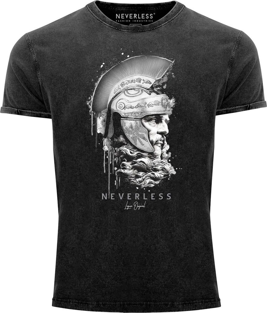 Neverless Herren T-Shirt Vintage Shirt Printshirt Sparta Spartaner Kopf Helm Krieger Fashion Streetstyle Aufdruck Used Look Slim Fit schwarz M