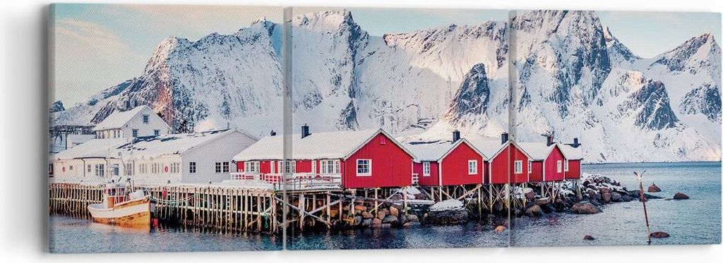 Bild auf Leinwand - Leinwandbild - 3 Teile - Lofoten Dorf Angeln - 90x30cm - Wand Bild - Wanddeko - Wandbilder - Leinwanddruck - Bilder - Wanddekor...