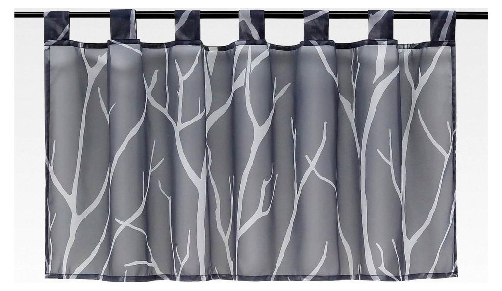 Transparente Voile Scheibengardine Modern mit Schlaufen Bedruckt "Baumzweige" für die Küche Grau HxB 45x90 cm